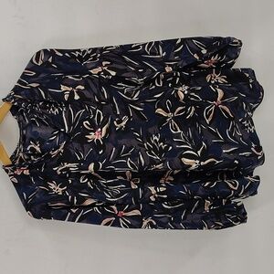 Joan Vass Pullover Blouse Navy Pink Floral Size Large Long Sleeve V Neck